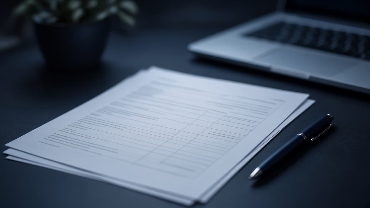 A tidy desk with a printed application and a pen